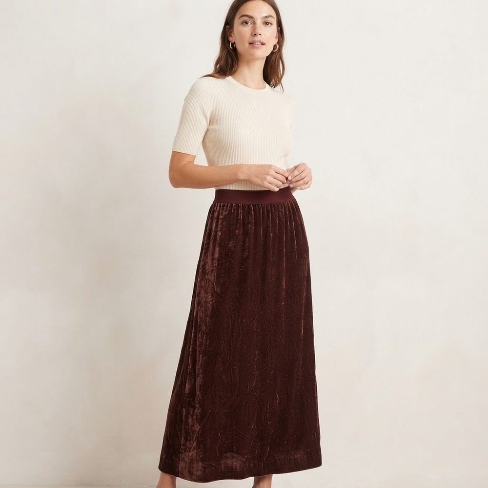 Margaret O'Leary Silk Blend Velvet Midi Skirt Brown XS Boho Bohemian Chic